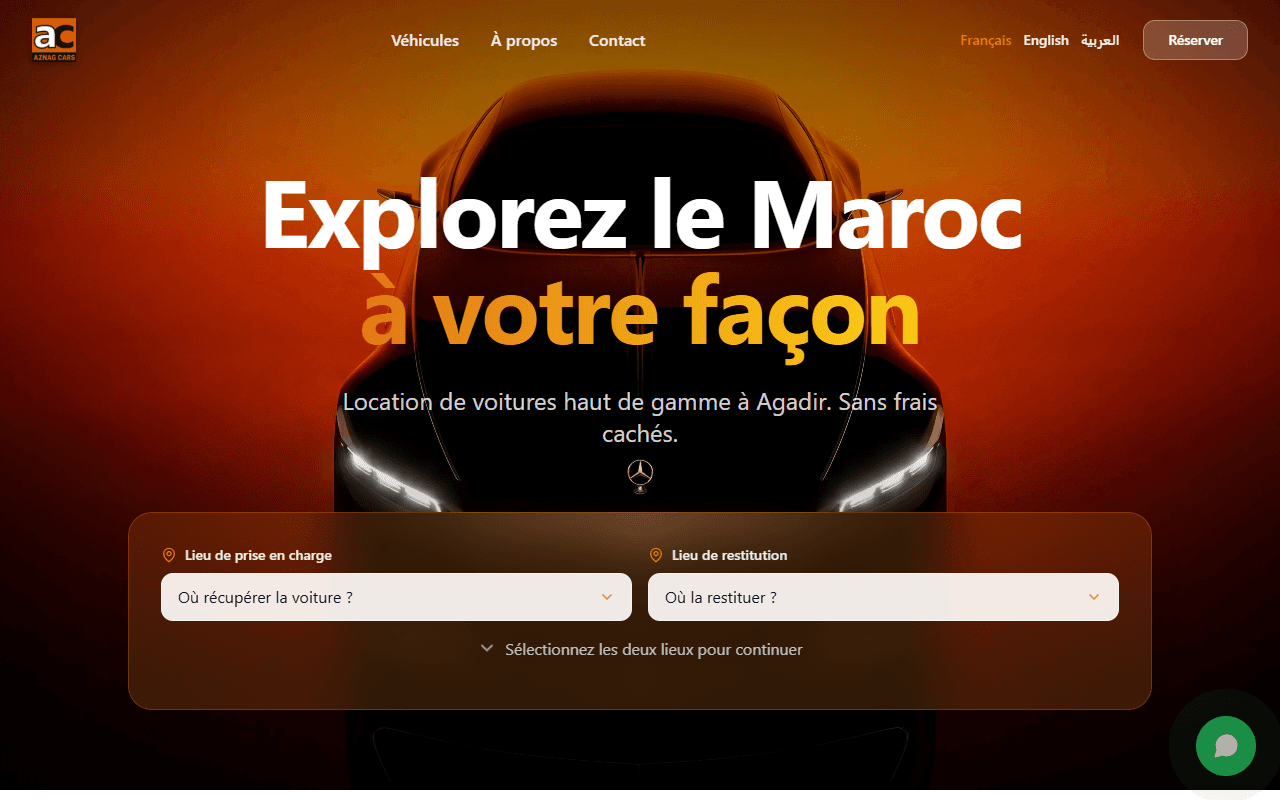 Page d'accueil du site Aznagcars, en français, avec le formulaire de réservation