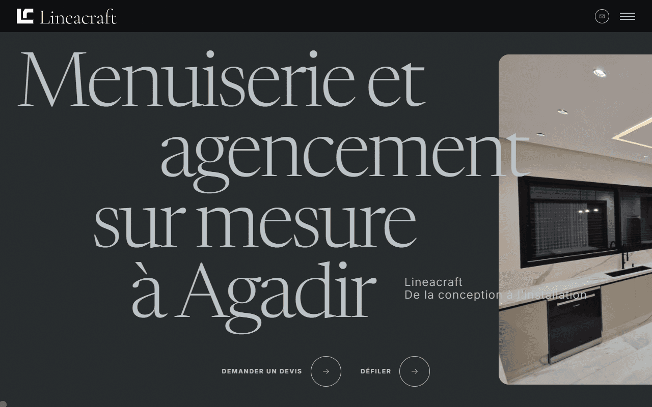 Page d'accueil du site Lineacraft, menuiserie et agencement sur mesure à Agadir